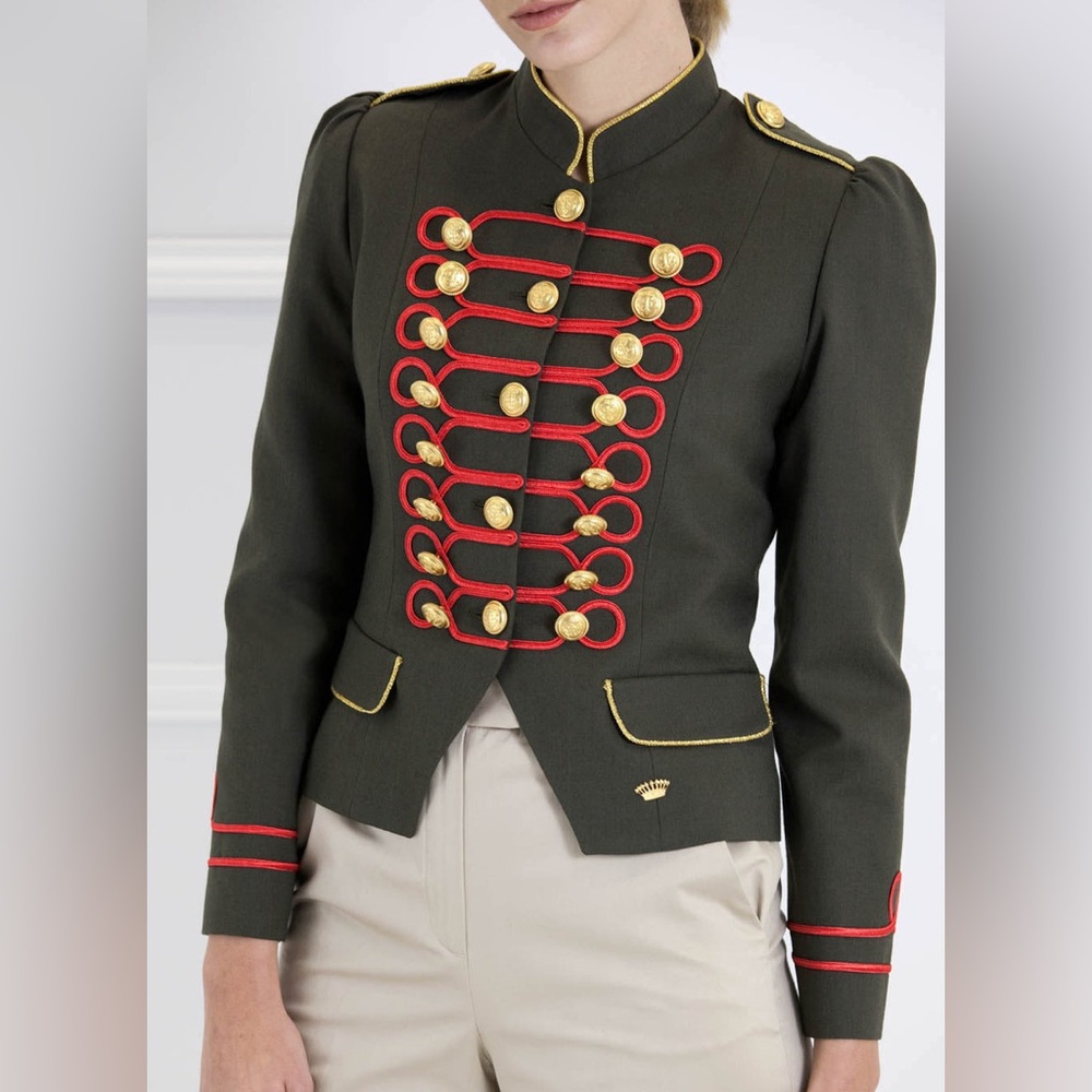 Military Style Green Blazer with Red Accents